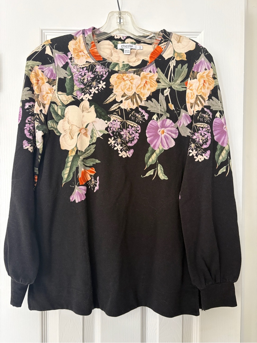 Chico's Black Floral Crewneck Sweatshirt with Purple, Cream & Orange Blooms